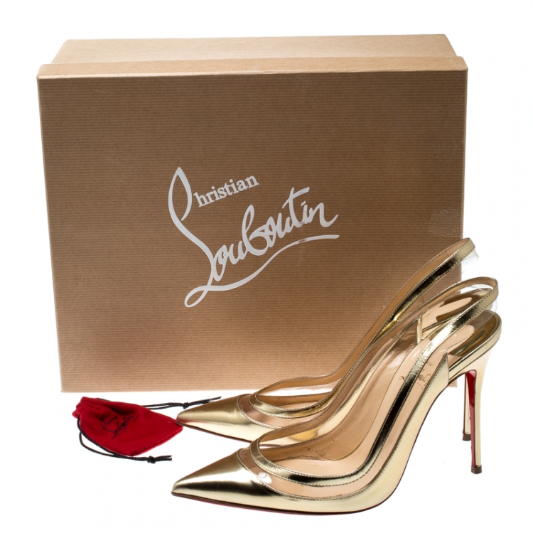 Pre Owned Christian Louboutin Metallic Gold Leather And PVC Paulina Pointed Toe Slingback Sandals Size 38