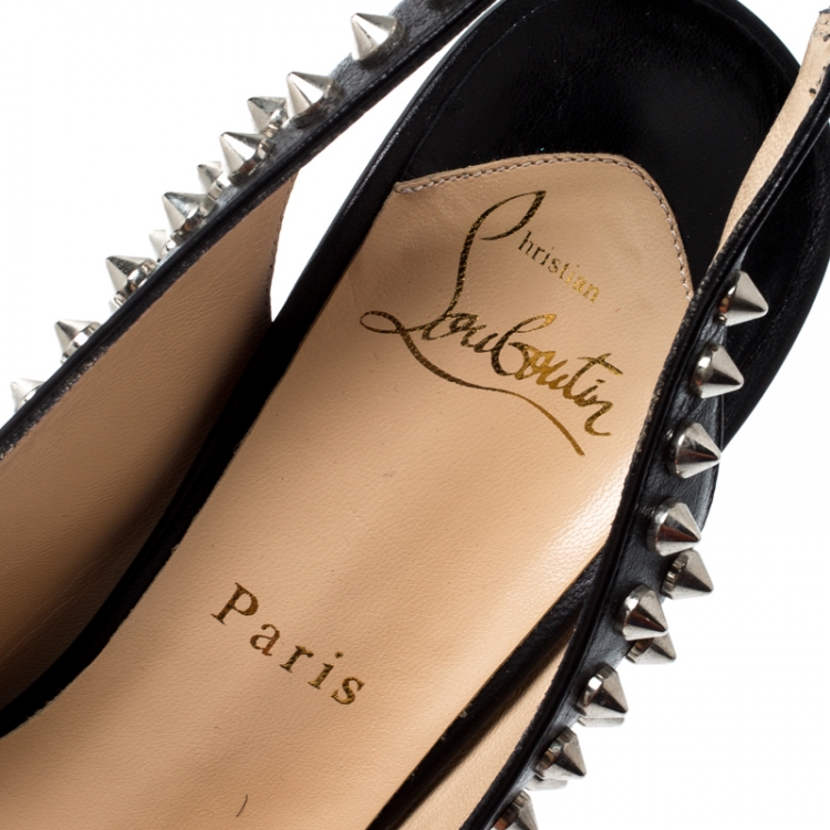 Pre Owned Christian Louboutin Black Spike Leather Clou Noeud Platform Slingback Sandals Size 41