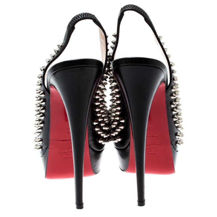 Pre Owned Christian Louboutin Black Spike Leather Clou Noeud Platform Slingback Sandals Size 41