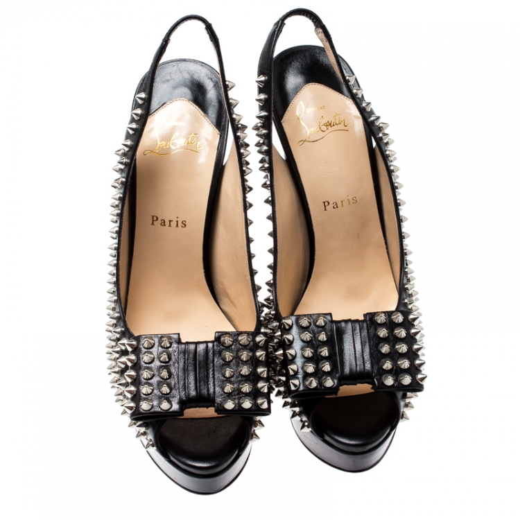 Pre Owned Christian Louboutin Black Spike Leather Clou Noeud Platform Slingback Sandals Size 41