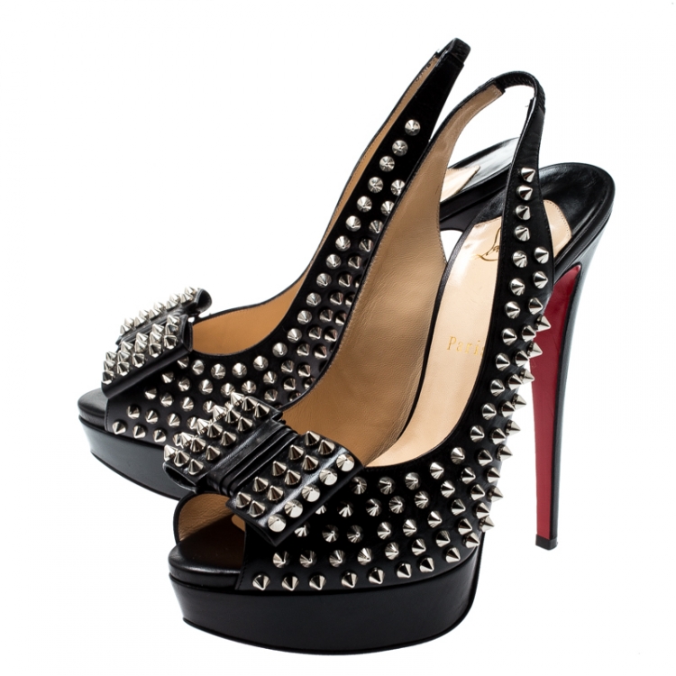 Pre Owned Christian Louboutin Black Spike Leather Clou Noeud Platform Slingback Sandals Size 41