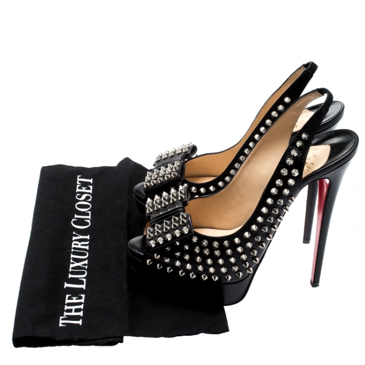 Pre Owned Christian Louboutin Black Spike Leather Clou Noeud Platform Slingback Sandals Size 41