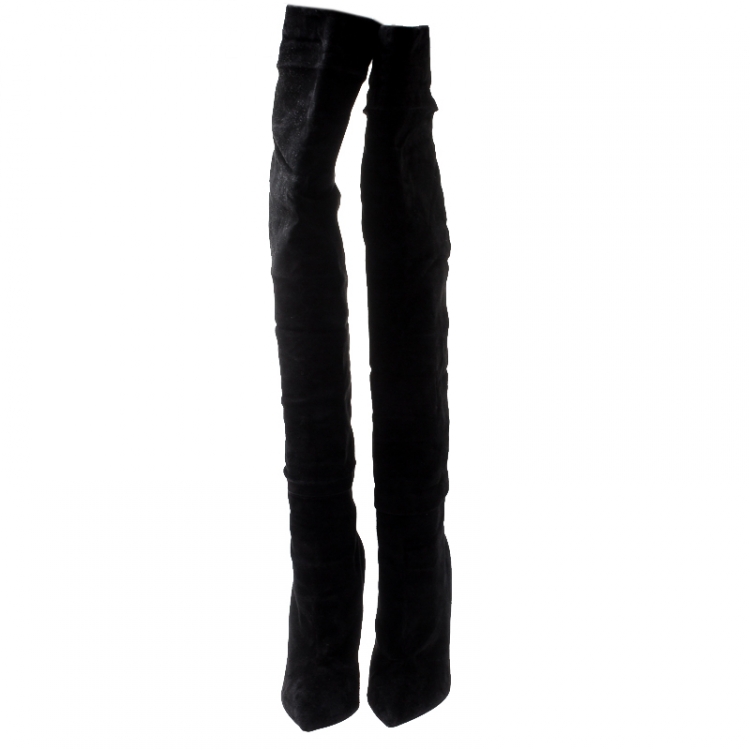 Pre Owned Christian Louboutin Black Suede Alti Thigh Length Pointed Toe Boots Size 37.5