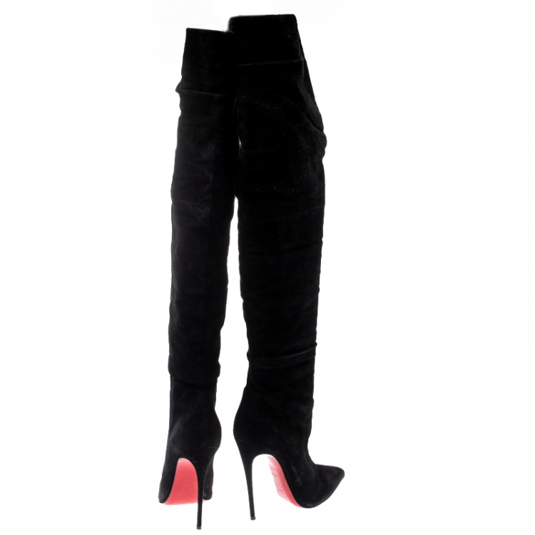 Pre Owned Christian Louboutin Black Suede Alti Thigh Length Pointed Toe Boots Size 37.5