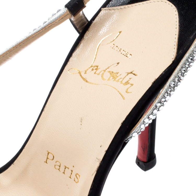 Pre Owned Christian Louboutin Black Satin Alta Perla Crystal Embellished Slingback Sandals Size 37