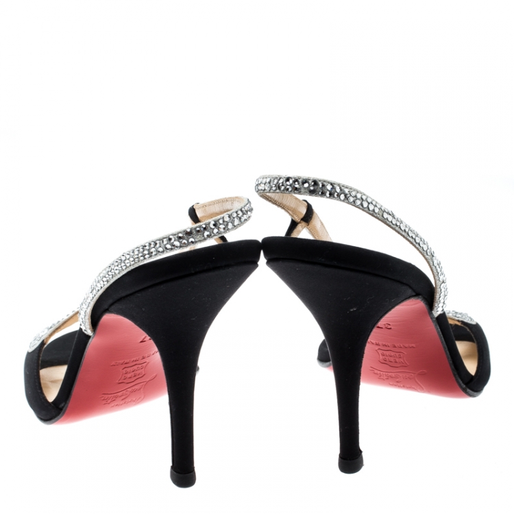 Pre Owned Christian Louboutin Black Satin Alta Perla Crystal Embellished Slingback Sandals Size 37