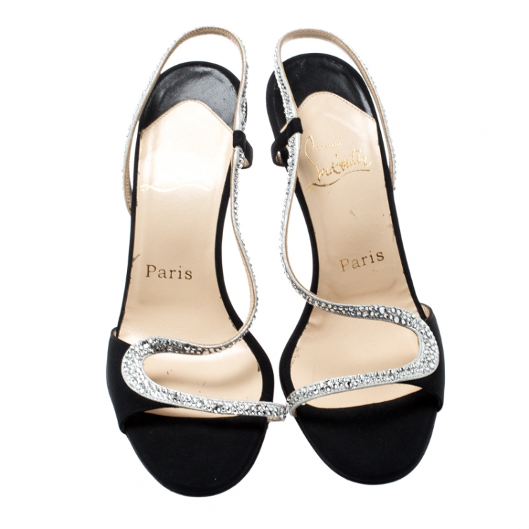 Pre Owned Christian Louboutin Black Satin Alta Perla Crystal Embellished Slingback Sandals Size 37