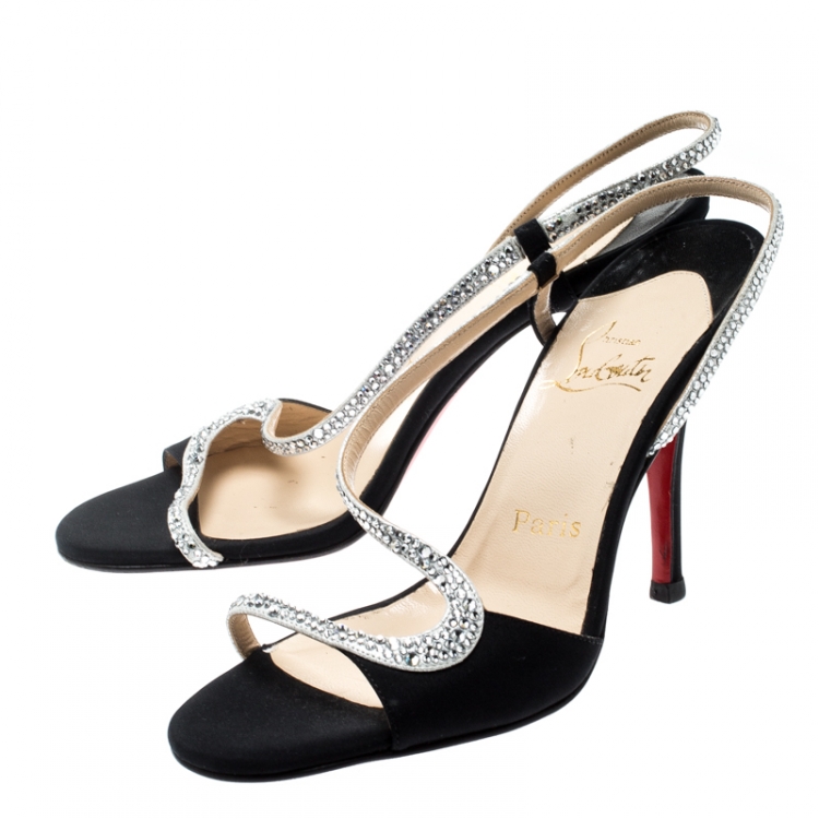 Pre Owned Christian Louboutin Black Satin Alta Perla Crystal Embellished Slingback Sandals Size 37