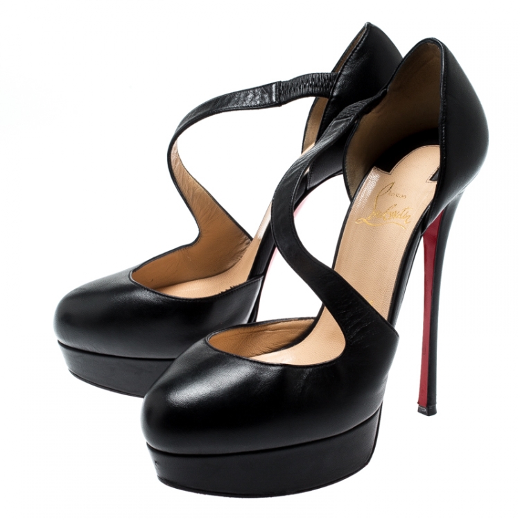 Pre Owned Christian Louboutin Black Leather Decalcoco Cross Strap Platform Pumps 38