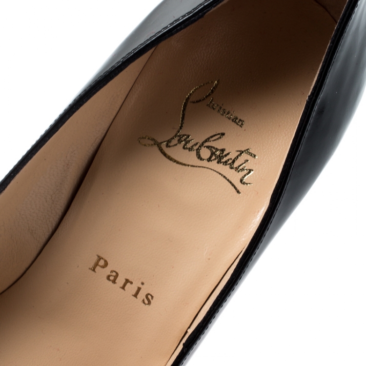 Pre Owned Christian Louboutin Black Patent Leather Buckle Detail Peep Toe Pumps Size 37.5