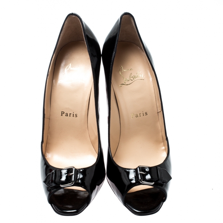 Pre Owned Christian Louboutin Black Patent Leather Buckle Detail Peep Toe Pumps Size 37.5
