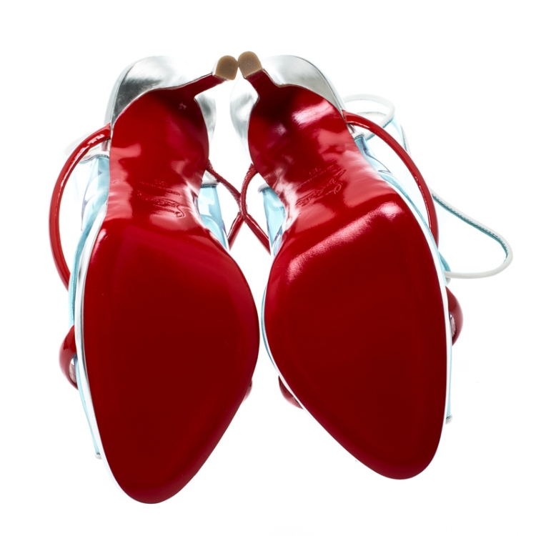 Pre Owned Christian Louboutin Blue/Red PVC And Patent Leather Aqua Ronda Slingback Sandals Size 39
