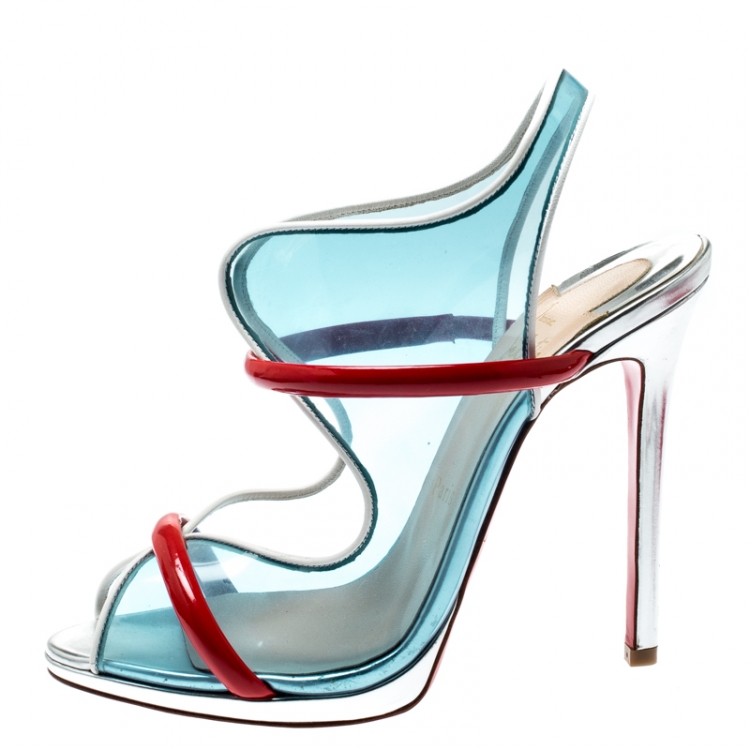 Pre Owned Christian Louboutin Blue/Red PVC And Patent Leather Aqua Ronda Slingback Sandals Size 39