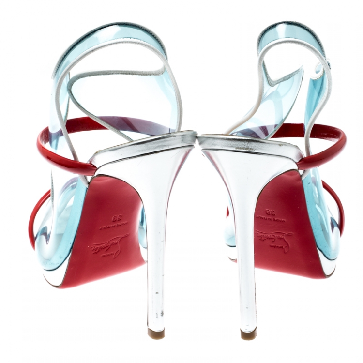 Pre Owned Christian Louboutin Blue/Red PVC And Patent Leather Aqua Ronda Slingback Sandals Size 39