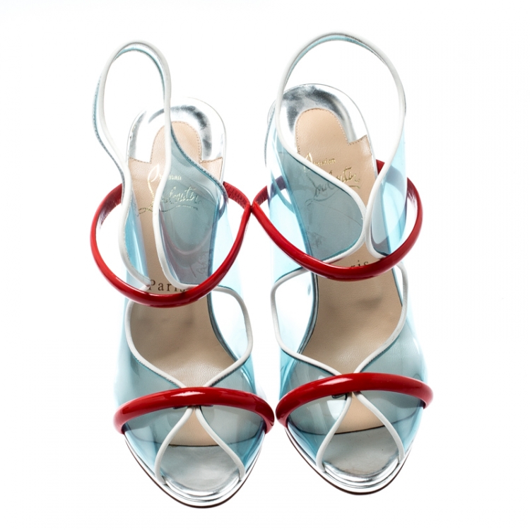 Pre Owned Christian Louboutin Blue/Red PVC And Patent Leather Aqua Ronda Slingback Sandals Size 39