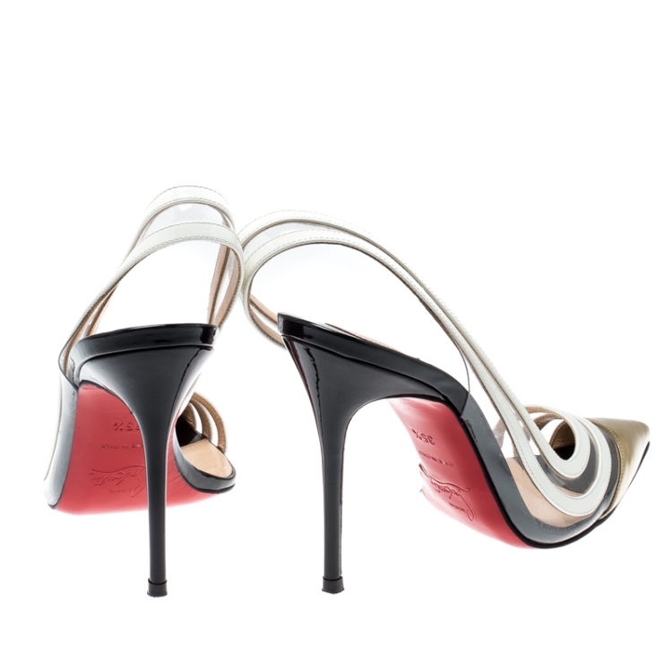 Pre Owned Christian Louboutin Metallic Gold/White Leather And PVC Paralili Slingback D'orsay Pumps Size 35.5