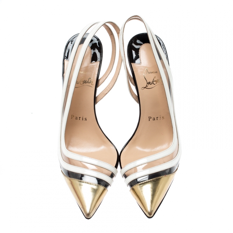 Pre Owned Christian Louboutin Metallic Gold/White Leather And PVC Paralili Slingback D'orsay Pumps Size 35.5