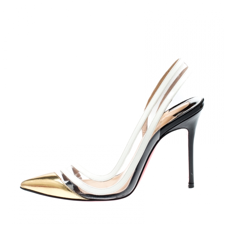 Pre Owned Christian Louboutin Metallic Gold/White Leather And PVC Paralili Slingback D'orsay Pumps Size 35.5