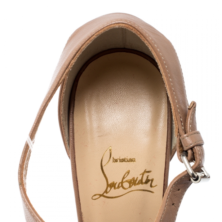 Pre Owned Christian Louboutin Beige Leather Buckle T-strap Peep Toe Platform Sandals Size 37.5