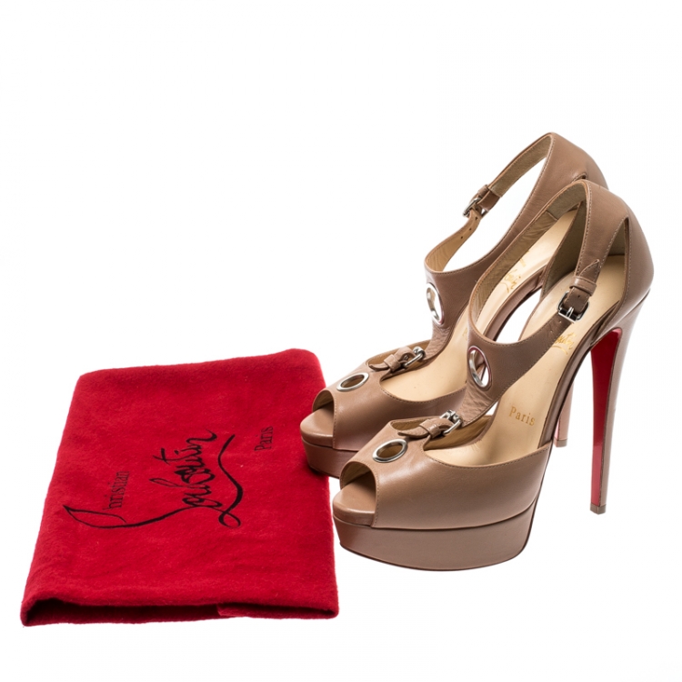 Pre Owned Christian Louboutin Beige Leather Buckle T-strap Peep Toe Platform Sandals Size 37.5