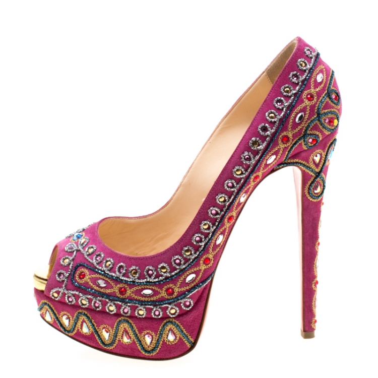 Pre Owned Christian Louboutin Pink Embroidered Suede Peep Toe Platform Pumps Size 38