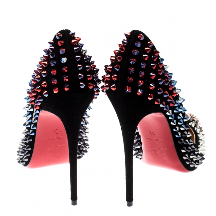 Pre Owned Christian Louboutin Black Suede Follie Spike Pointed Toe Pumps Size 39