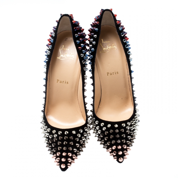 Pre Owned Christian Louboutin Black Suede Follie Spike Pointed Toe Pumps Size 39