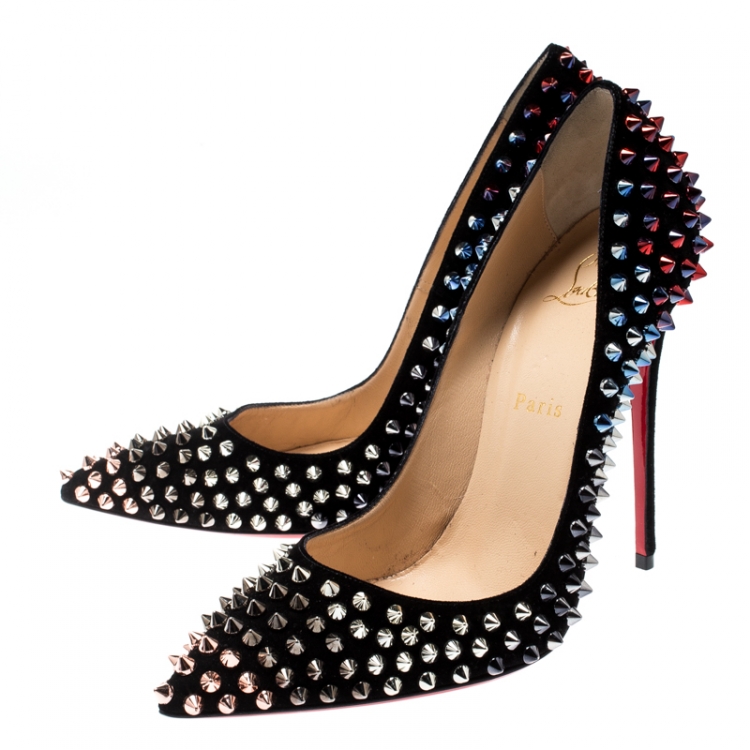 Pre Owned Christian Louboutin Black Suede Follie Spike Pointed Toe Pumps Size 39