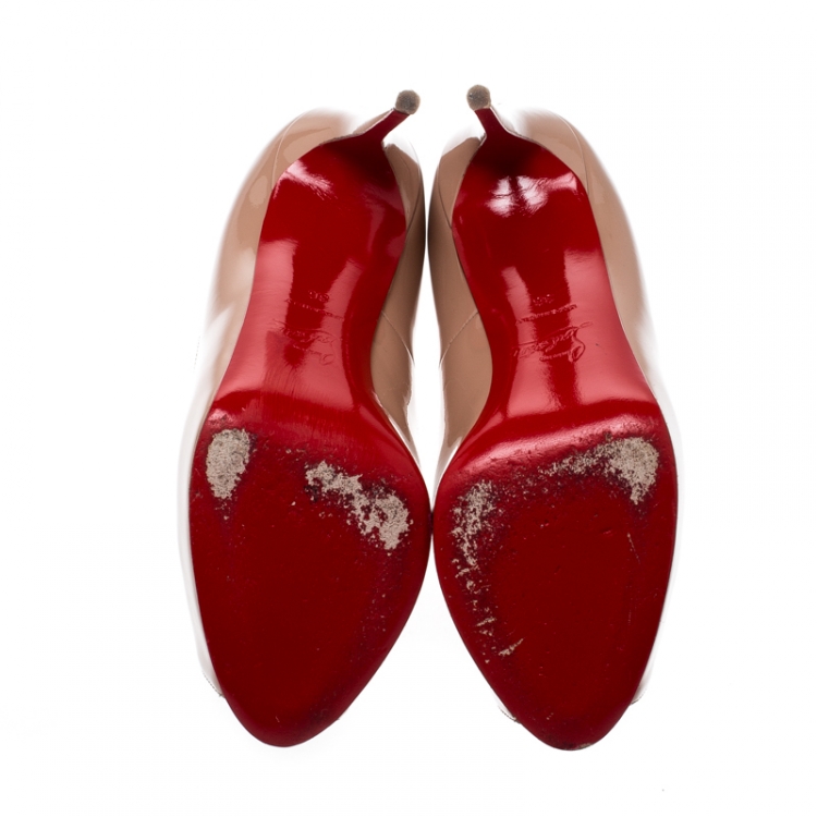 مملوكة مسبقًا Christian Louboutin Beige Patent Leather Lady Peep Toe Platform Pumps Size 36