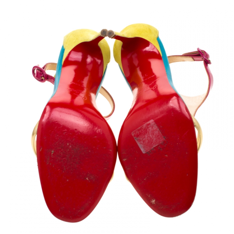 Pre Owned Christian Louboutin Multicolor Patent Leather and Suede T Strap Open Toe Sandals Size 37