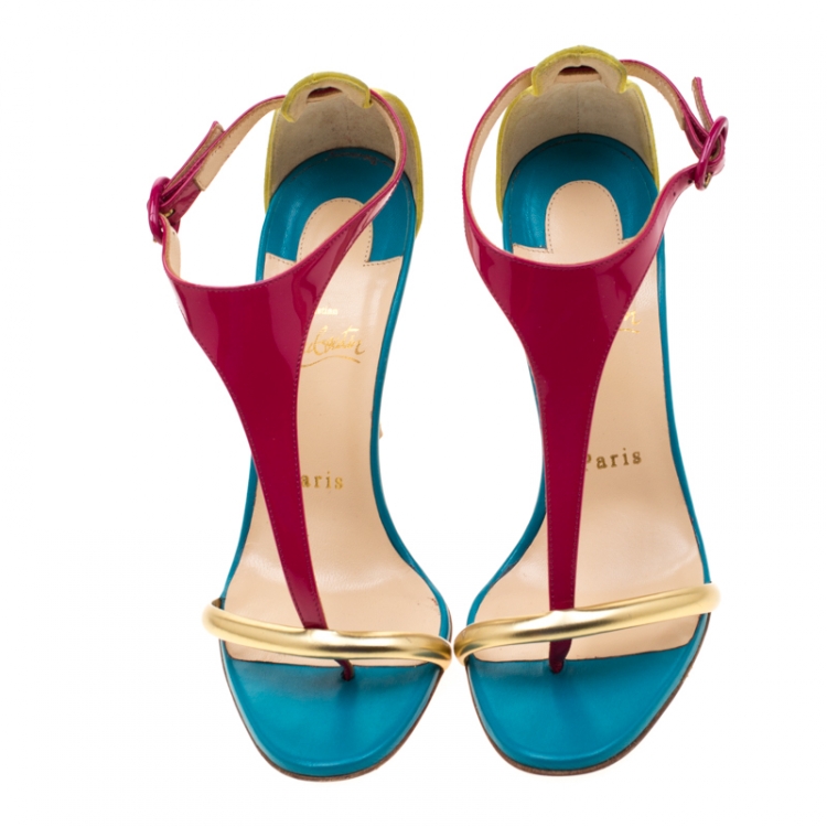 Pre Owned Christian Louboutin Multicolor Patent Leather and Suede T Strap Open Toe Sandals Size 37