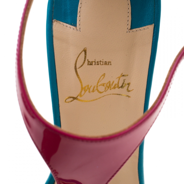 Pre Owned Christian Louboutin Multicolor Patent Leather and Suede T Strap Open Toe Sandals Size 37