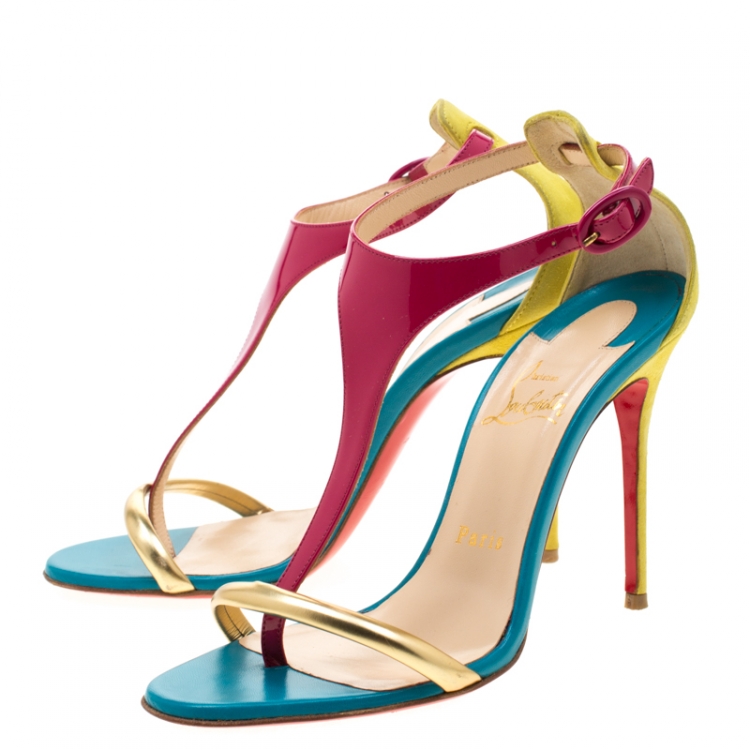 Pre Owned Christian Louboutin Multicolor Patent Leather and Suede T Strap Open Toe Sandals Size 37