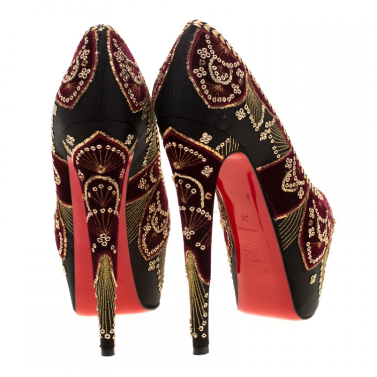 Pre Owned Christian Louboutin Black Satin Highness Sombrero Velvet Embroidered Peep Toe Platform Pumps Size 38