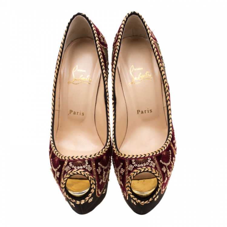 Pre Owned Christian Louboutin Black Satin Highness Sombrero Velvet Embroidered Peep Toe Platform Pumps Size 38