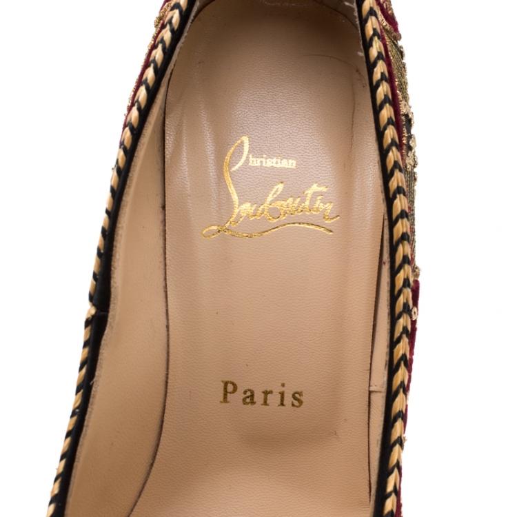 Pre Owned Christian Louboutin Black Satin Highness Sombrero Velvet Embroidered Peep Toe Platform Pumps Size 38