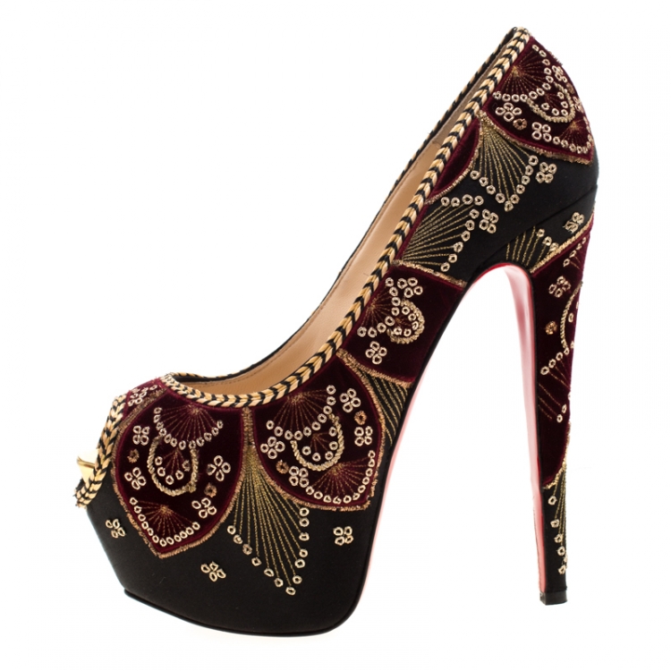 Pre Owned Christian Louboutin Black Satin Highness Sombrero Velvet Embroidered Peep Toe Platform Pumps Size 38