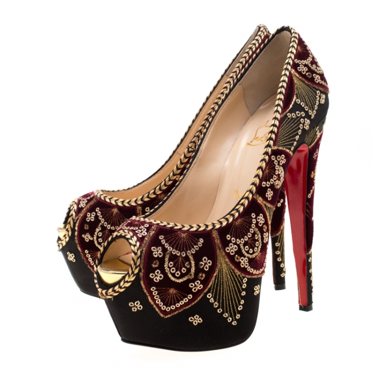 Pre Owned Christian Louboutin Black Satin Highness Sombrero Velvet Embroidered Peep Toe Platform Pumps Size 38