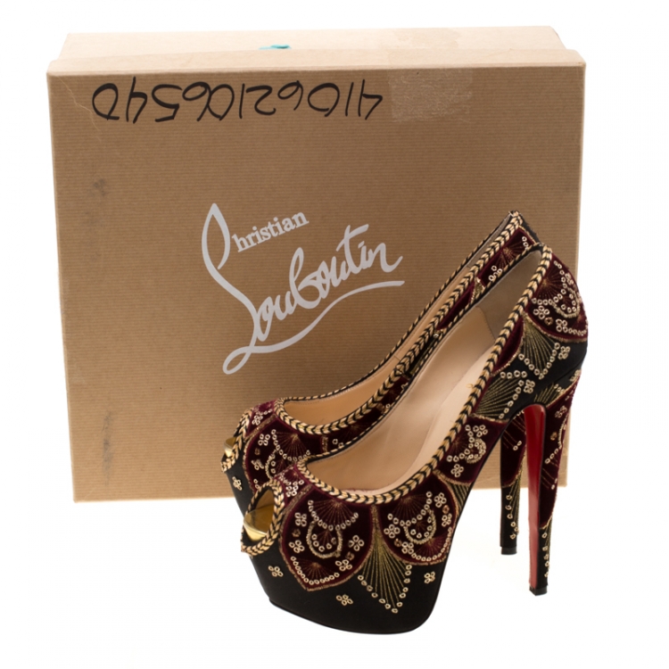 Pre Owned Christian Louboutin Black Satin Highness Sombrero Velvet Embroidered Peep Toe Platform Pumps Size 38