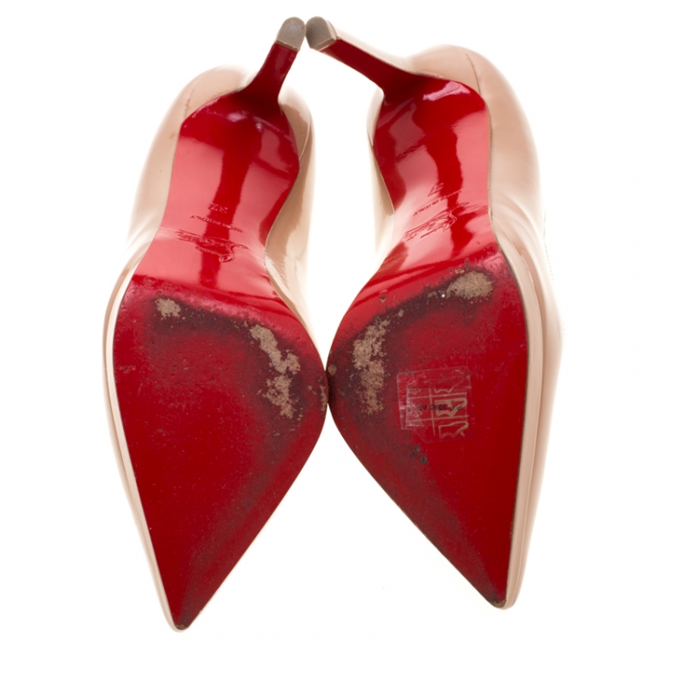 Pre Owned Christian Louboutin Beige Patent Leather Decollete Platform Pointed Toe Pumps Size 37