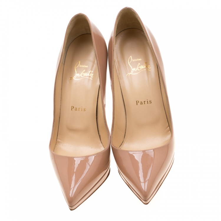 Pre Owned Christian Louboutin Beige Patent Leather Decollete Platform Pointed Toe Pumps Size 37