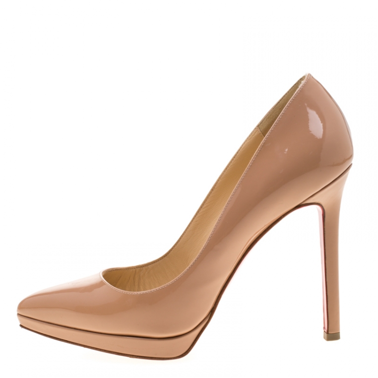 Pre Owned Christian Louboutin Beige Patent Leather Decollete Platform Pointed Toe Pumps Size 37
