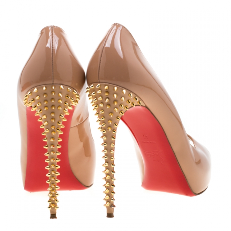 Pre Owned Christian Louboutin Patent Leather Spike Stud Peep Toe Platform Pumps Size 41