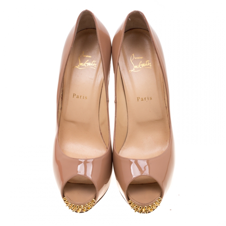 Pre Owned Christian Louboutin Patent Leather Spike Stud Peep Toe Platform Pumps Size 41