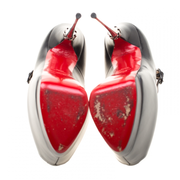 Pre Owned Christian Louboutin Black Leather Lady Highness Daf Peep Toe Mary Jane Pumps Size 38.5