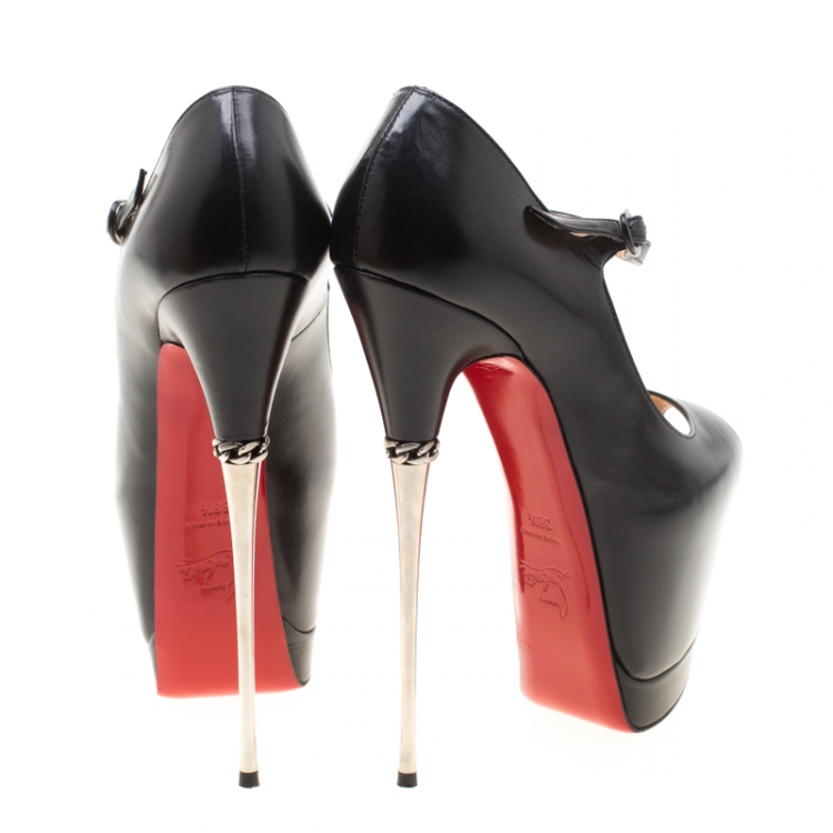 Pre Owned Christian Louboutin Black Leather Lady Highness Daf Peep Toe Mary Jane Pumps Size 38.5