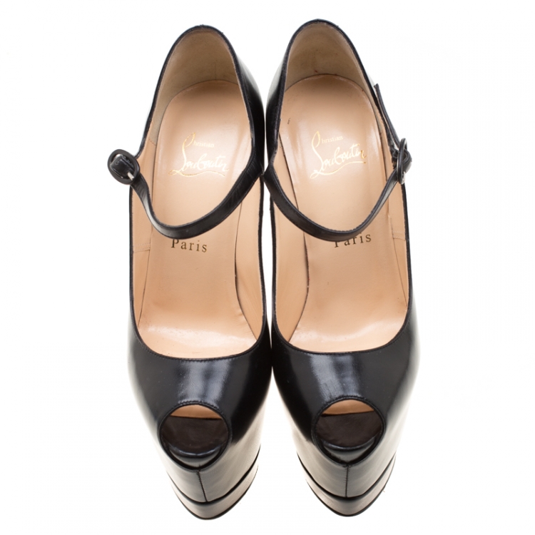 Pre Owned Christian Louboutin Black Leather Lady Highness Daf Peep Toe Mary Jane Pumps Size 38.5