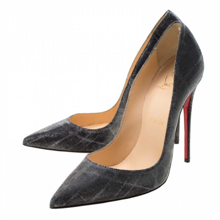Pre Owned Christian Louboutin Metallic Grey Glitter Fabric Pigalle Pointed Toe Pumps Size 37