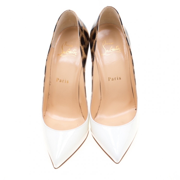 Pre Owned Christian Louboutin White And Leopard Print Patent Leather Pigalle Follies Pumps Size 36.5