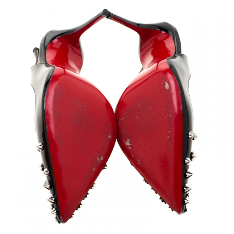 Pre Owned Christian Louboutin Black Patent Leather Drama Studded Slingback Sandals Size 35.5